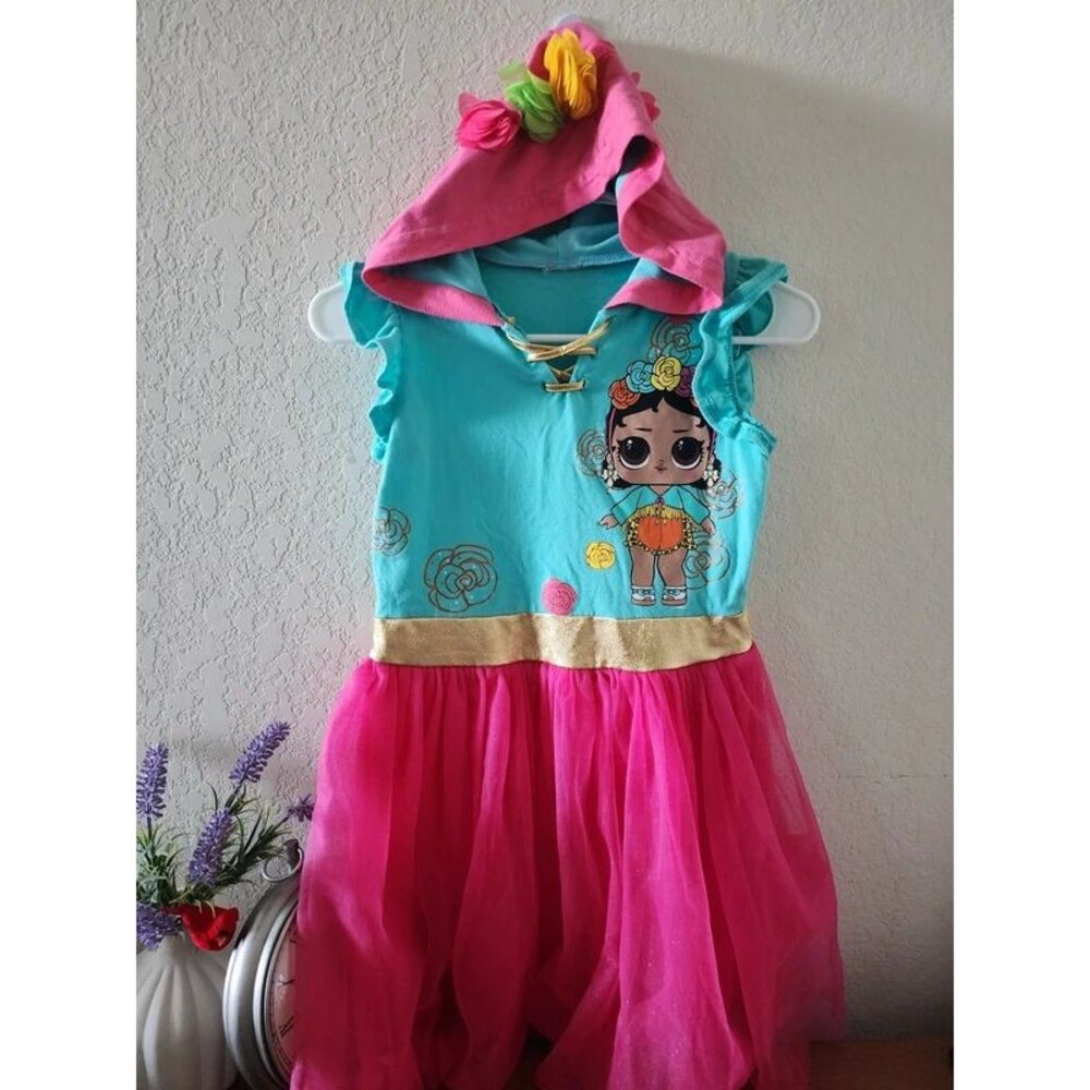 Girls' Turquoise and Pink Character Dress With Hoodie. Sz 8/10